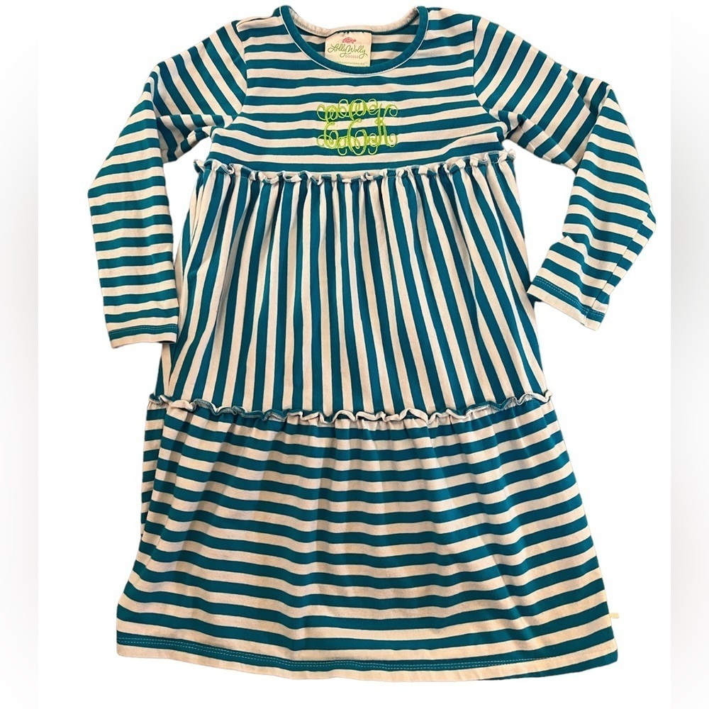 Lolly Wolly Doodle White/Blue Long Sleeve Dress Size 6/7